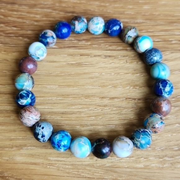 Blue Imperial Sea Sediment Bead Stretch Hand Crafted Bracelet - Picture 1 of 9